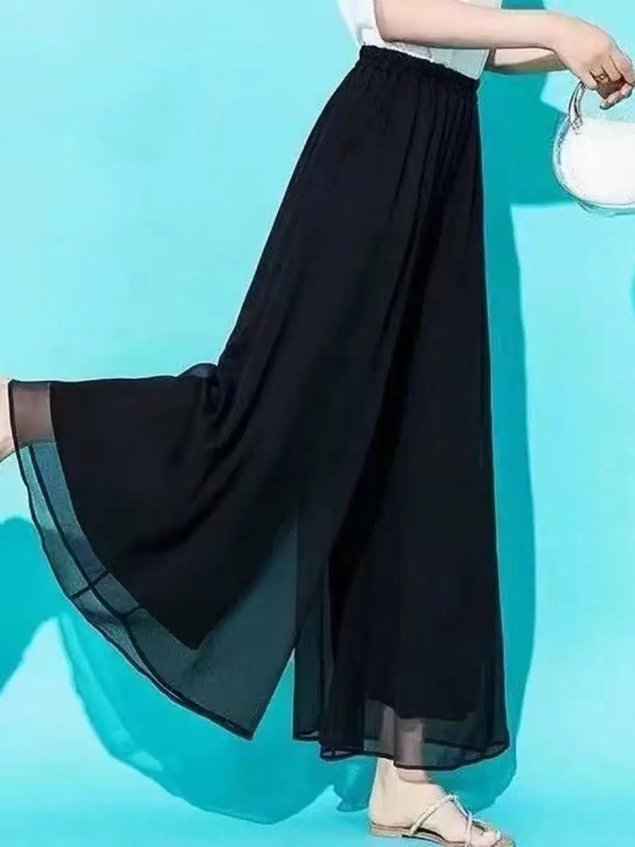Ice Silk Chiffon Skirt Pants Women's High Waist Loose Wide Leg Pants Double Layer Drapey Large Size Long Pants Drifting New S...