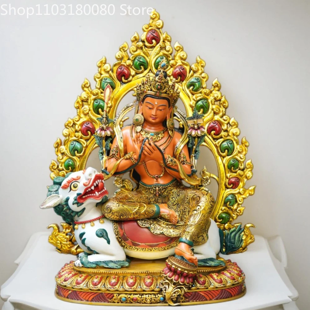 Copper gilding Painting Manjusri riding a lion statue Manjusri Bodhisattva buddha statue sculpture,40cm,30cm