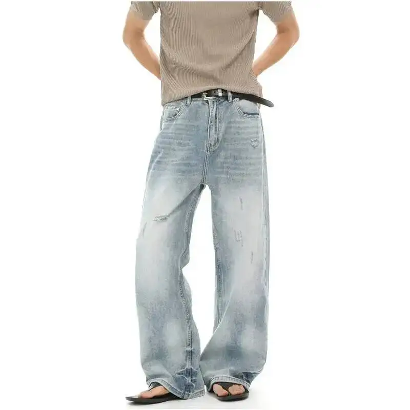 Korean Style Vibe Versatile Distressed Straight Wide Leg Men's Faded Jeans Summer Casual Daily Wear Denim Long Pants 70PN
