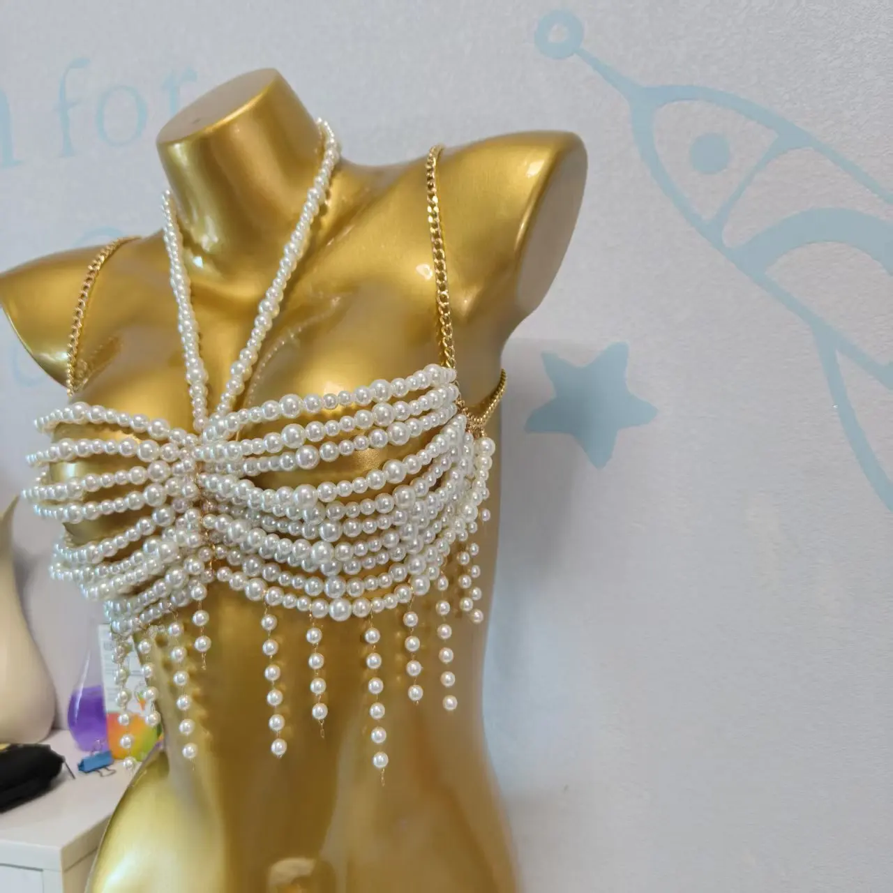 Summer Beach Sexy Bead Body Chest Chain Handmade Hanging Neck Hollow Pearl Bra Chain Vacation Hot Girl Bikini Bead Top