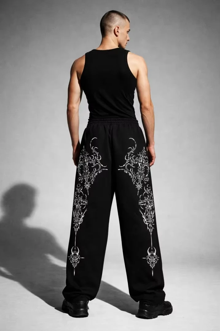 Y2K Baggy Sweatpants Gothic Sword Tribal Tattoo Red Letter Print Waist Wide Leg Pants Dark Streetwear Hip Hop Casual Trousers