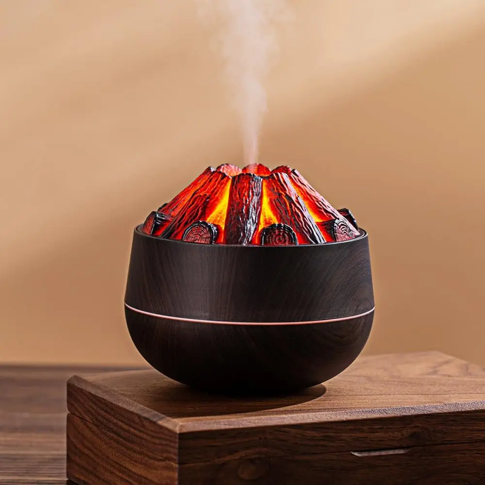 Large Capacity Simulated Carbon Fire Humidifier Office Charcoal Fire Design Usb Desktop Humidifier(Dark Wood)