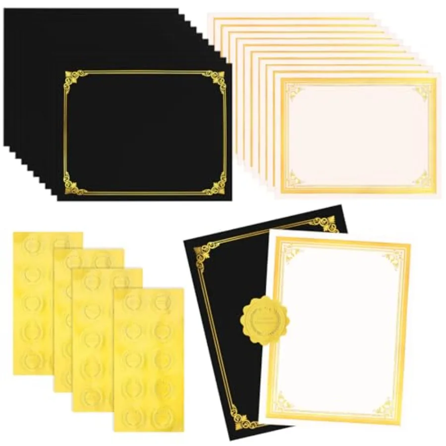 

Набор для сертификатов из 120 предметов: 40 держателей для сертификатов, 40 листов бумаги формата Letter, 40 золотых фольгированных наградных печатей для сертификатов