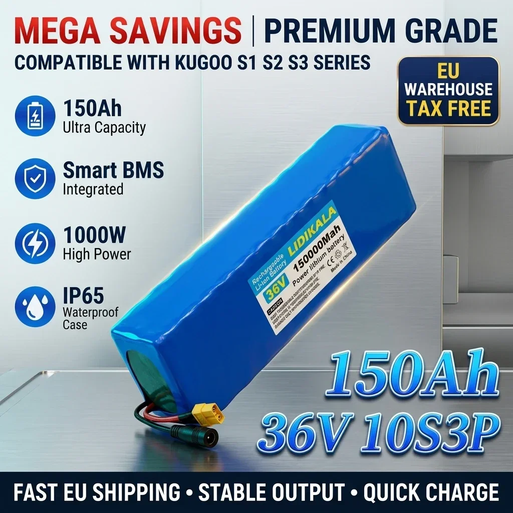 Pacco batteria al litio 36V10S3P, 150.000 mAh, batteria al litio ricaricabile ad alta capacità, con doppia interfaccia XT60+DC, batteria di ricambio per monopattino elettrico.