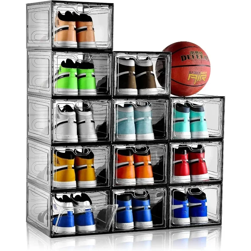 

12 Pack Transparent Shoe Storage Organizer, Stackable Shoe Boxes for Closet, Drop Front Plastic Shoe Box with Door,