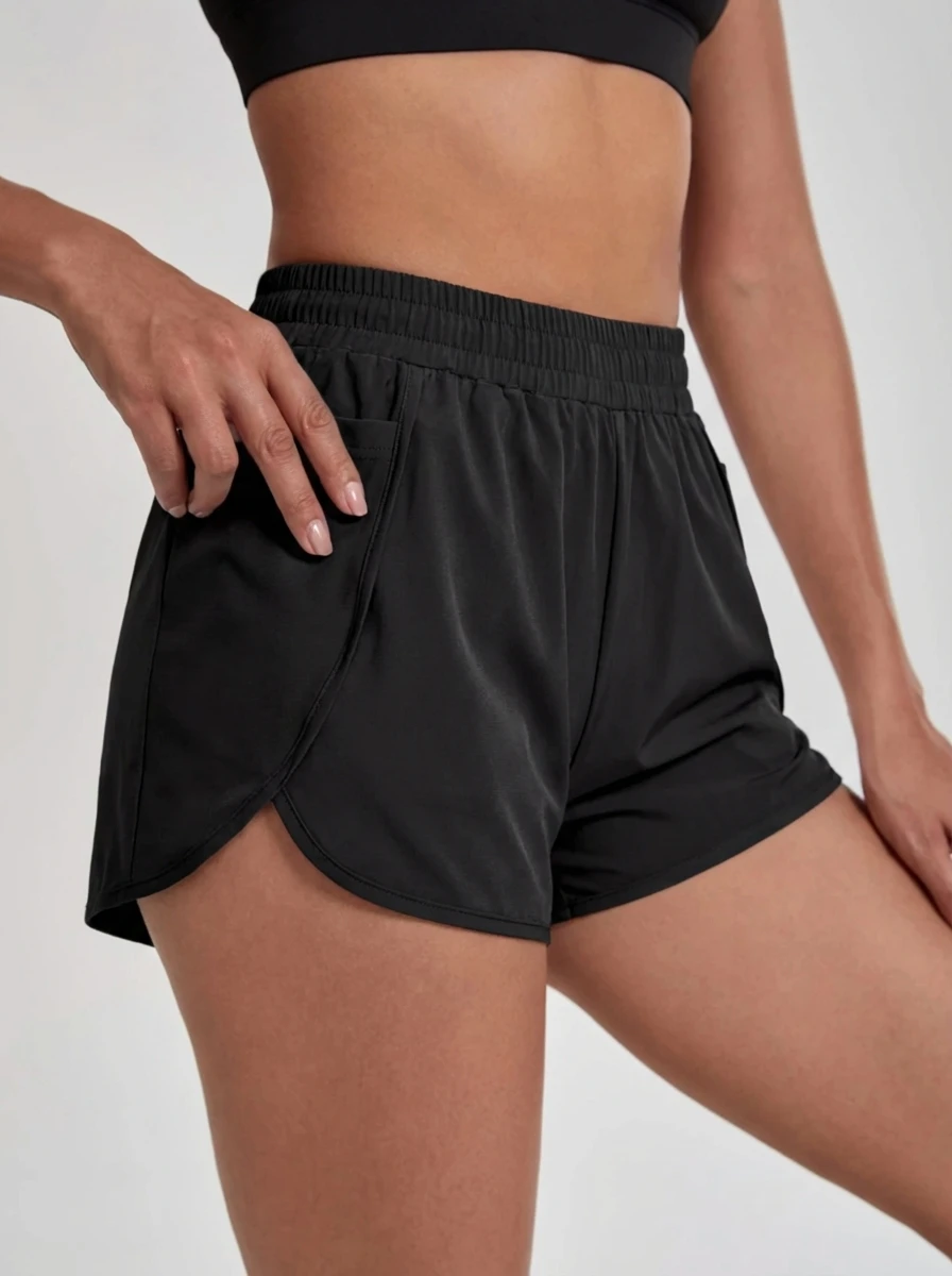 Damen-Sportshorts mit hoher Taille und Taschen, einfarbig, Fitness-Leggings, Hüftformende Yoga-Leggings, schnelltrocknende Sportbekleidung für das Training.
