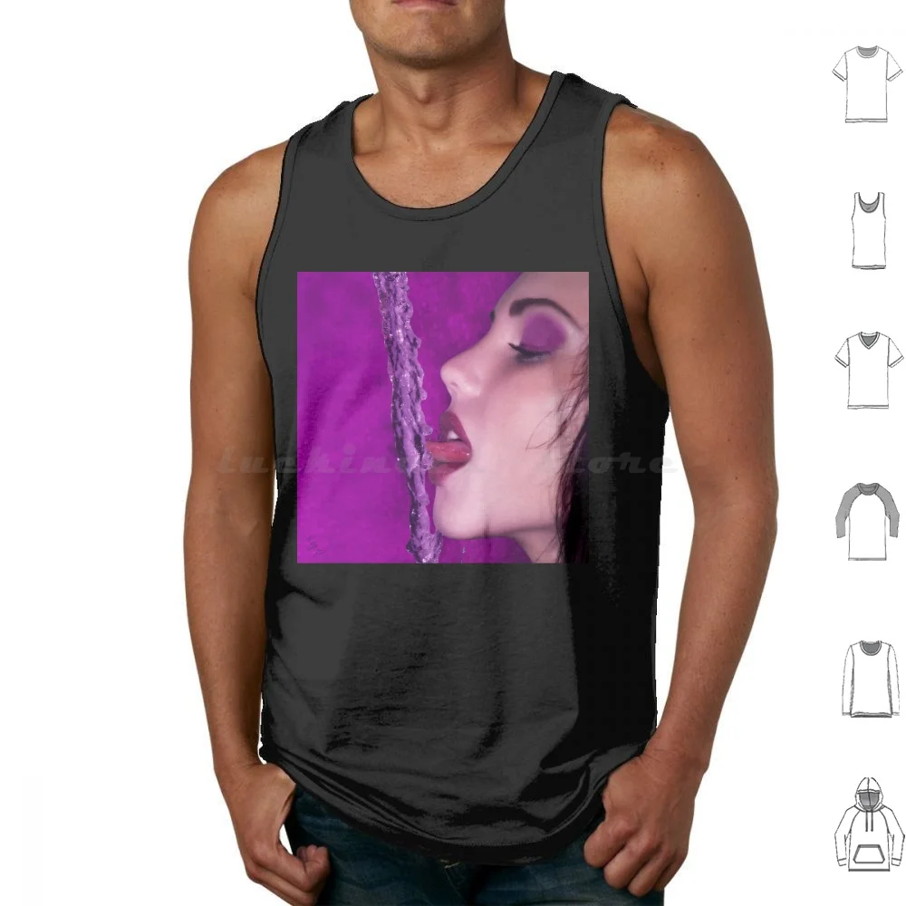 Hot Girl On-Sexy Face-Sexy Lips-Woman Licking A Stream Of Water In Magenta-Fuchsia-Purple Tank Tops Print Cotton Hot Girl