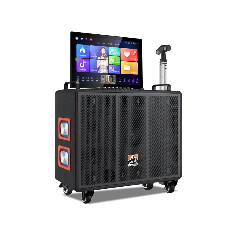 2024 new design wifi portable karaoke singing machine audio touch screen trolley speaker 17 inch With screen bluetooth speaker