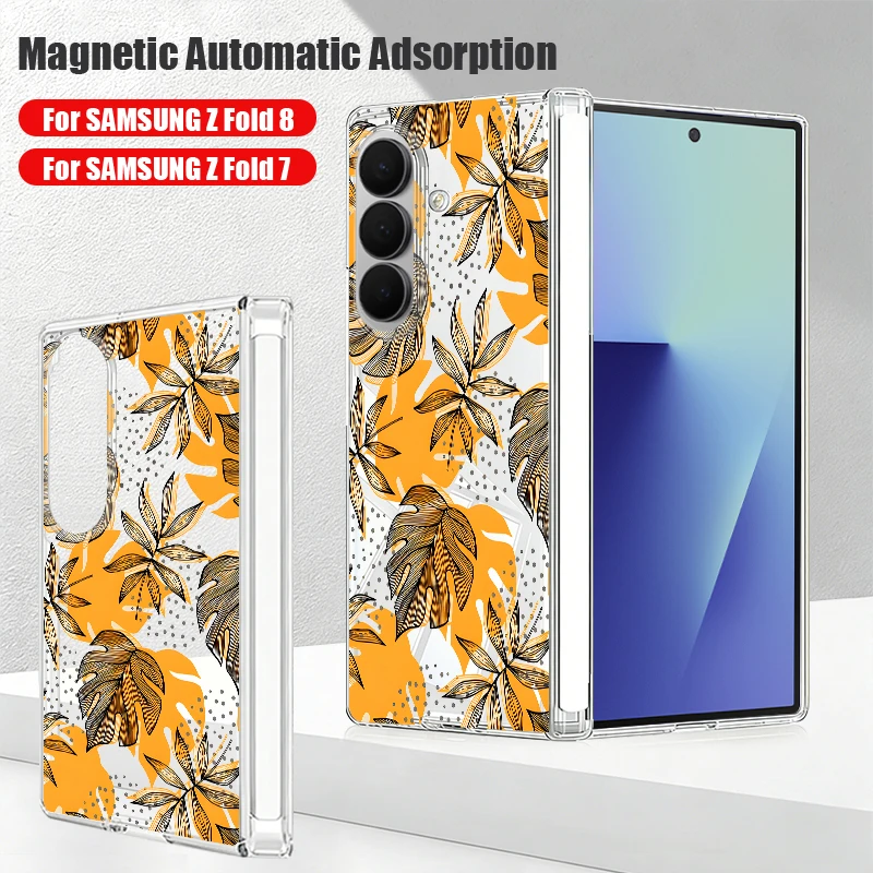 Magnetic Hinge Phone Case For Samsung Galaxy Z Fold 8 Ultra 7 6 5 Fold7 Fold6 Fold8 5G Cartoon Flower Print Clear Hard PC Cover