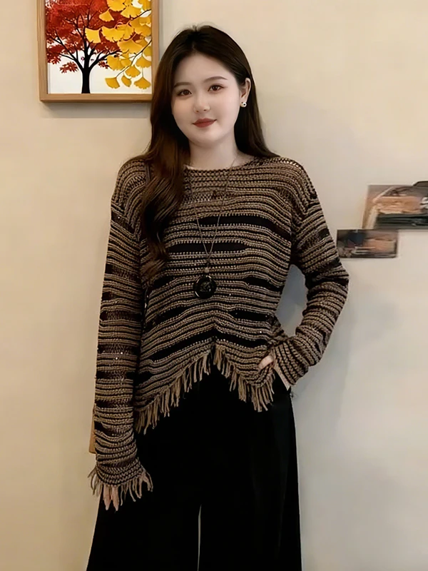 

Irregular Color Blo Long Sve Knitted Sweater Women's Spring 2026 Large Size Fat MM Tassel Splicing Top Korean Sle