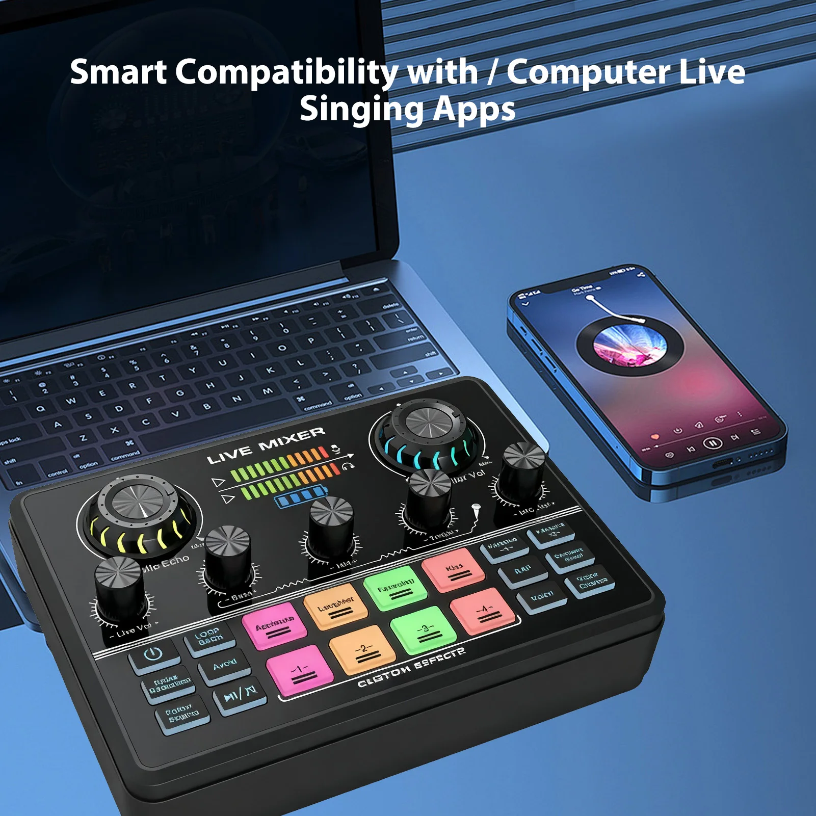 Live Streaming Sound Mixer Sound Card Rechargeable Plug and Play Adjustable Bass Treble Noise Reduction Colorful Indicator Light