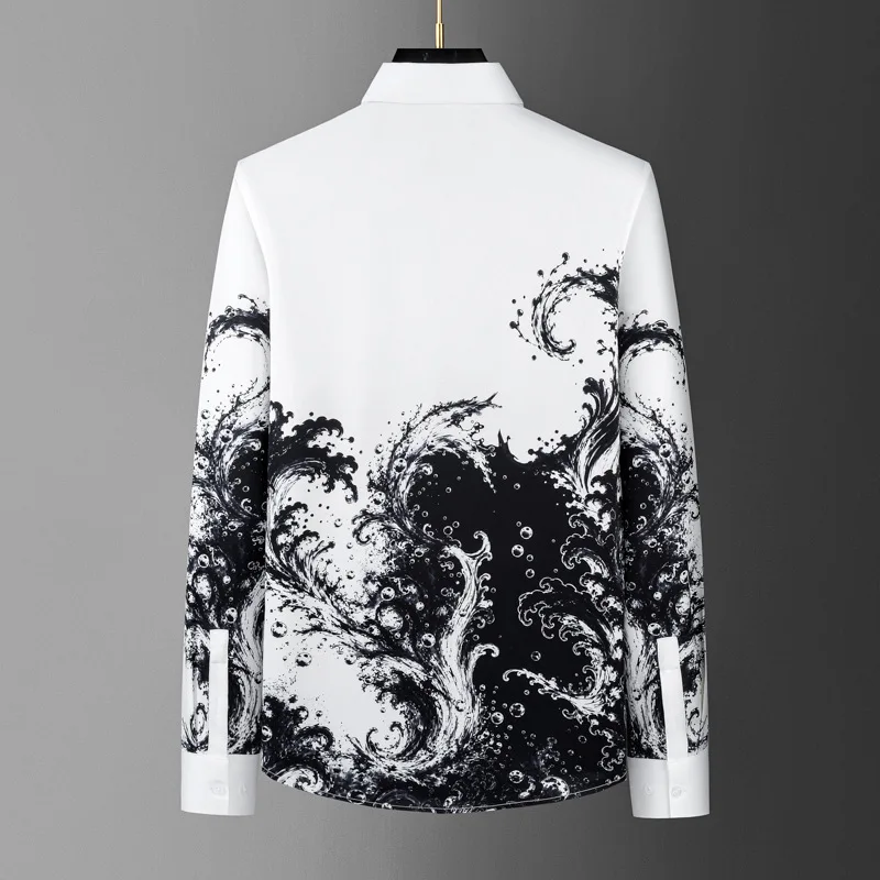 High-end Art Print Men's Shirt Long Sleeve Slim Fit Casual Shirts Non-iron Business Social Banquet Formal Shirt Men Clothing
