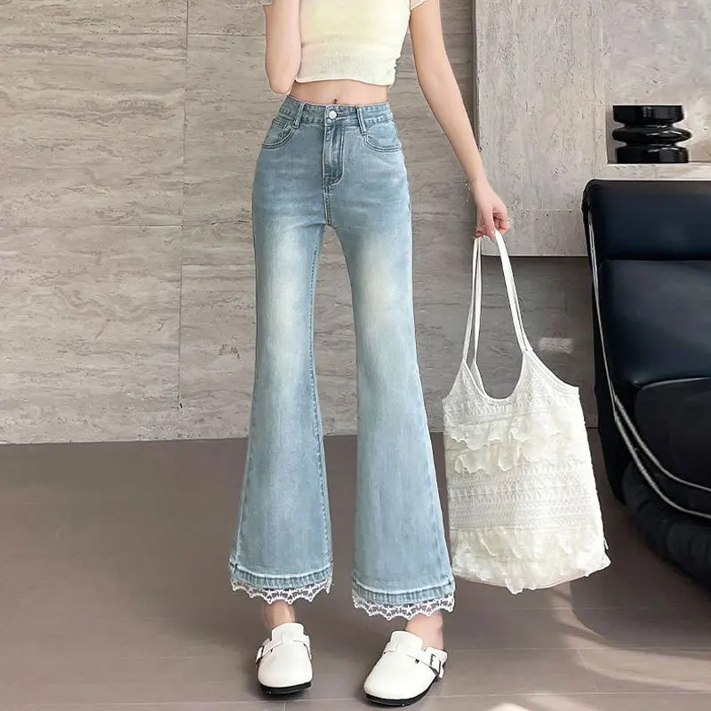 High Waist Bell Bottom Jeans Women's plus Size Patchwork Lace Straight Leg Nine Point Pants Slimming Wide Leg Trousers