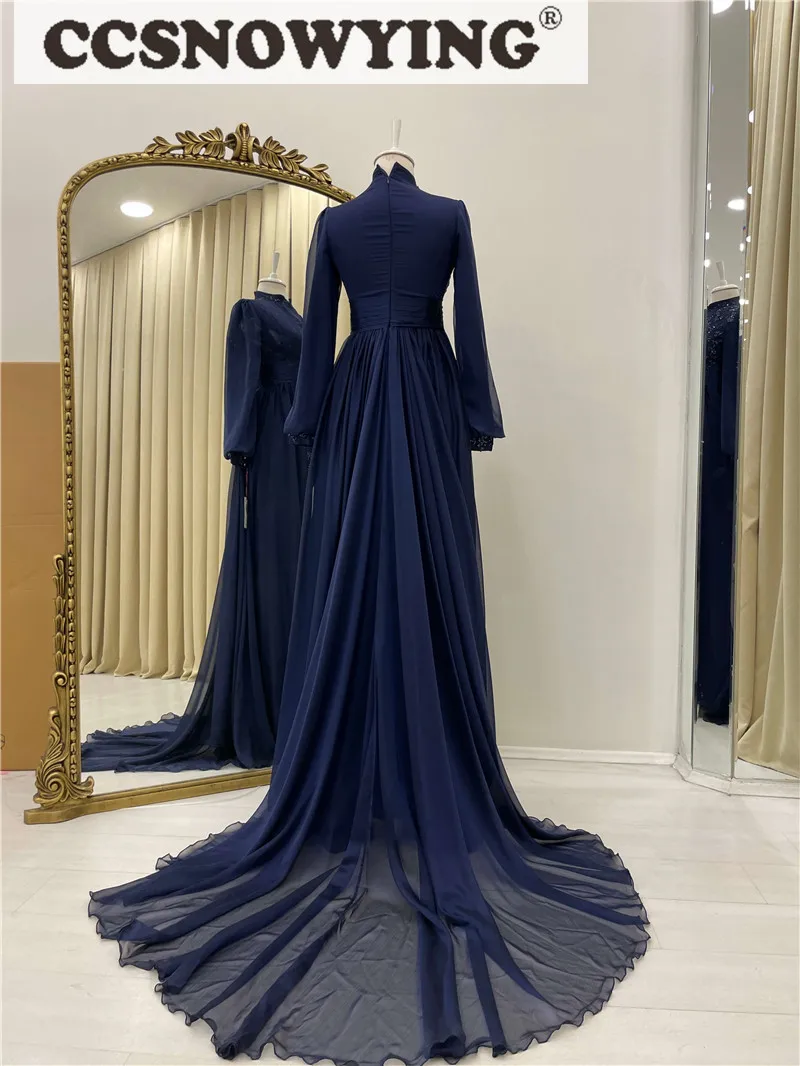 Navy Blue Long Sleeve Muslim Evening Dresses High Neck Hijab Islamic Formal Party Gowns Chiffon Appliques Arabic Robes De Soirée