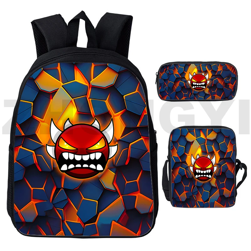 

High Quality Fashion Angry Geometry Dash Backpack Men Bagpack Student School Bag 3 in 1 Cartoon Rucksack Kindergarten Crossbody