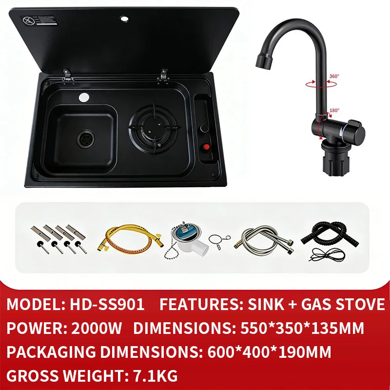 All-in-One RV Gas Stove, Stainless Steel Sink-Style Burner Head, for Campers, Boats, and RV Conversions; Non-Stick Design/Thicke
