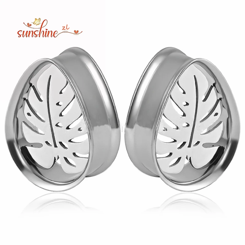 2pcs Stainless Steel Leaf Teardrop Water Drop Flared Ear Flesh Tunnel Plugs Expander Stretcher Gauges Body Piercing Jewelry