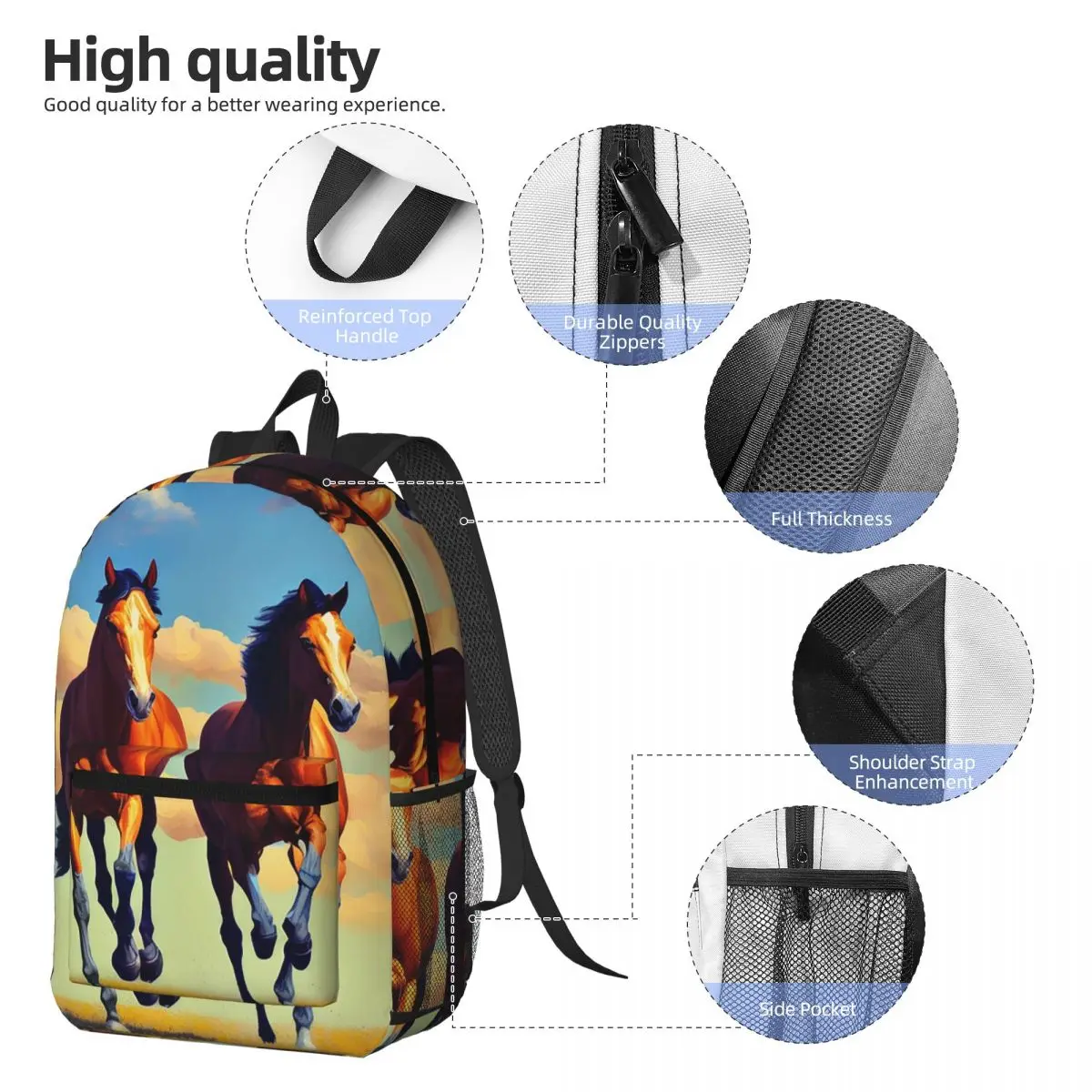 Running Horse And Equestrian Backpack Daypack Large Capacity Boys Girls BookBag School Bag Shoulder Bags for Men Women