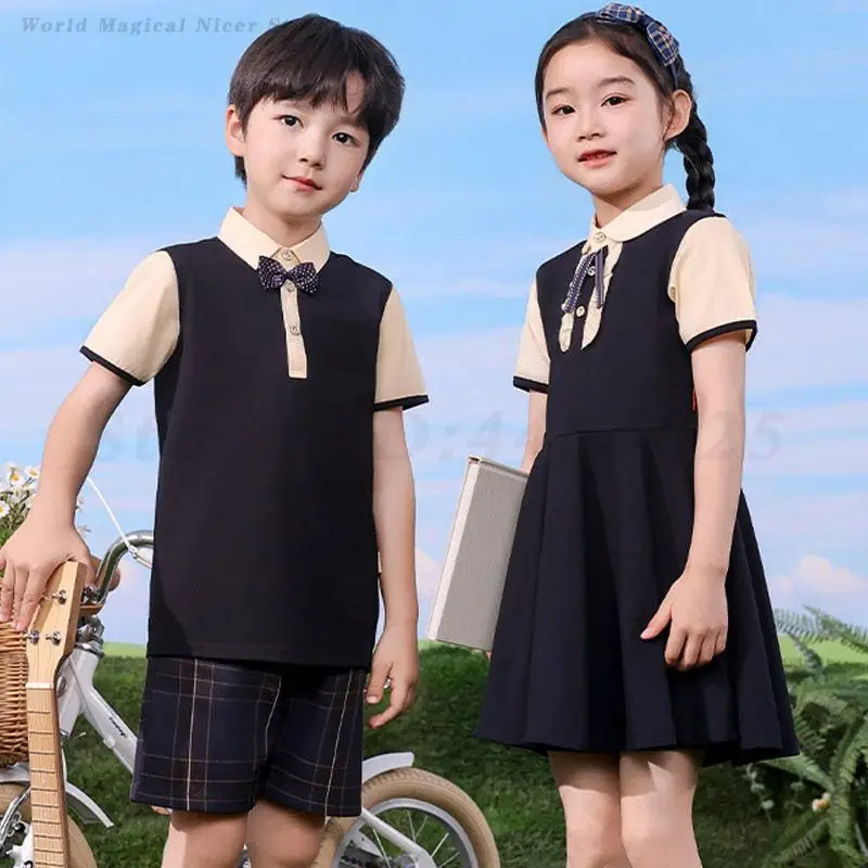 Crianças uniforme escolar do jardim de infância agasalho verão meninos esportes manga curta shorts meninas estilo acadêmico vestido cosplay traje
