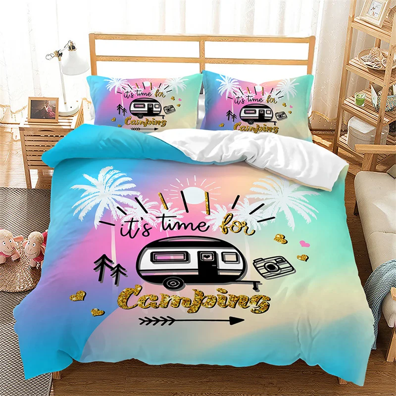 Happy Camping Duvet Cover Microfiber Camping Travel Car Tree Bedding Set Camper Comforter Cover Queen For Kids Boys Girls Teens