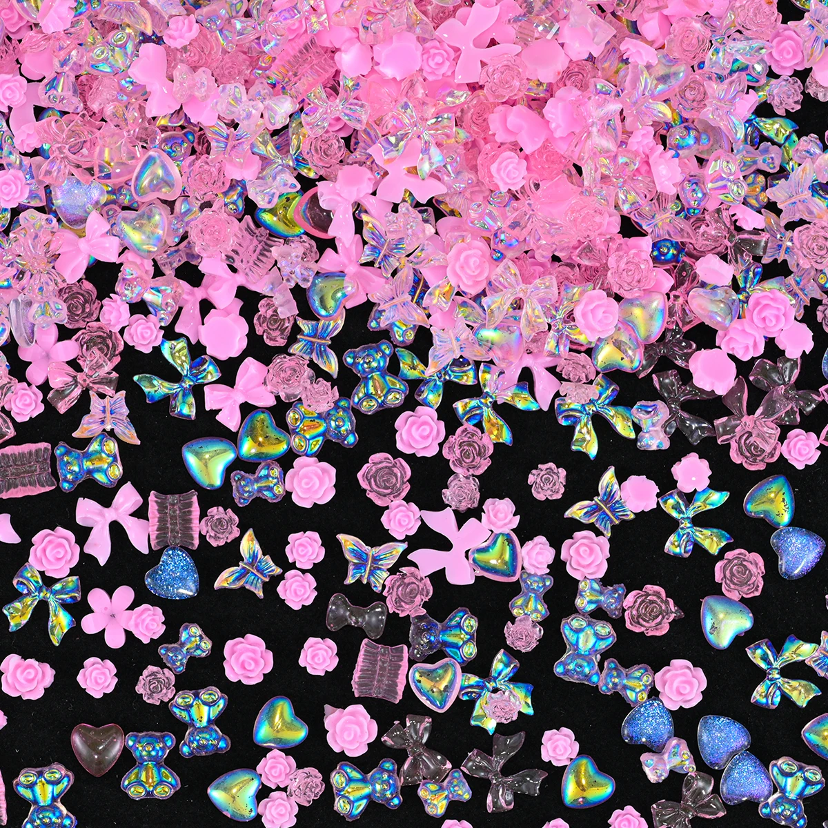 600pcs Bulk Pink Bow Flowers Resin Flower/Heart/Bowtie Mixed-Design Kawaii Pink Ribbon Bow Love Nail Charms 3D Manicure Supplies