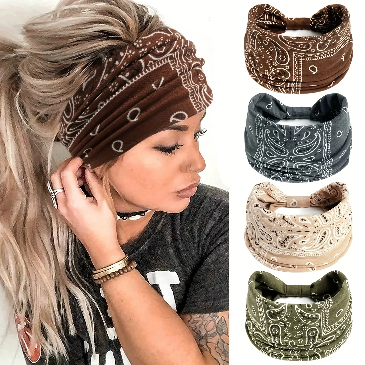 4pcs Paisley Pattern Knot Design Hair Band, Boho Wide Elastic Knotted Headband for Gym Workout, Hair Accessories for Yoga Wear, Dance, Mothers Day Gift Ideas, Gifts for Wife, Zigzag Headband for Camping