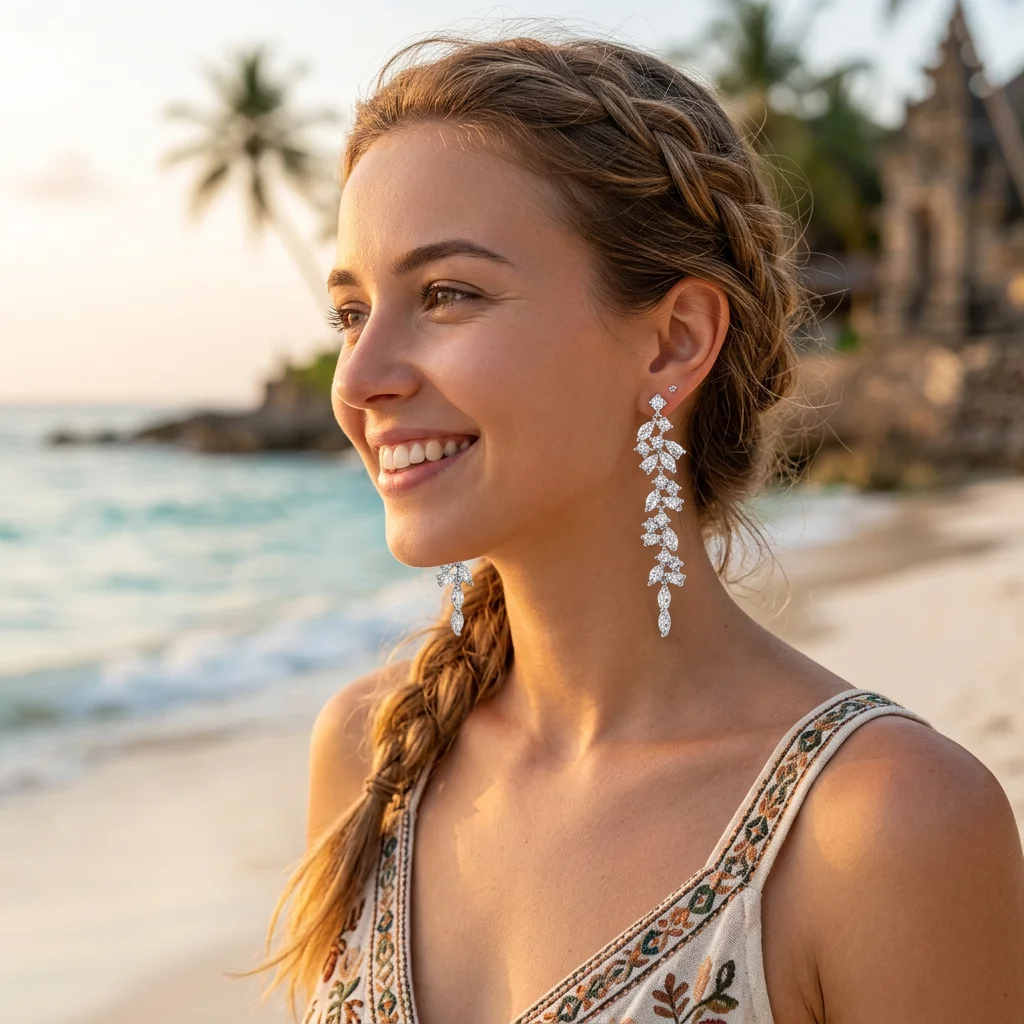 Beach Vacation Earrings Pink Faux-Diamond Tassel Drop Dangle Jewelry Ethnic Boho Skirt Design for Summer Party Accessories