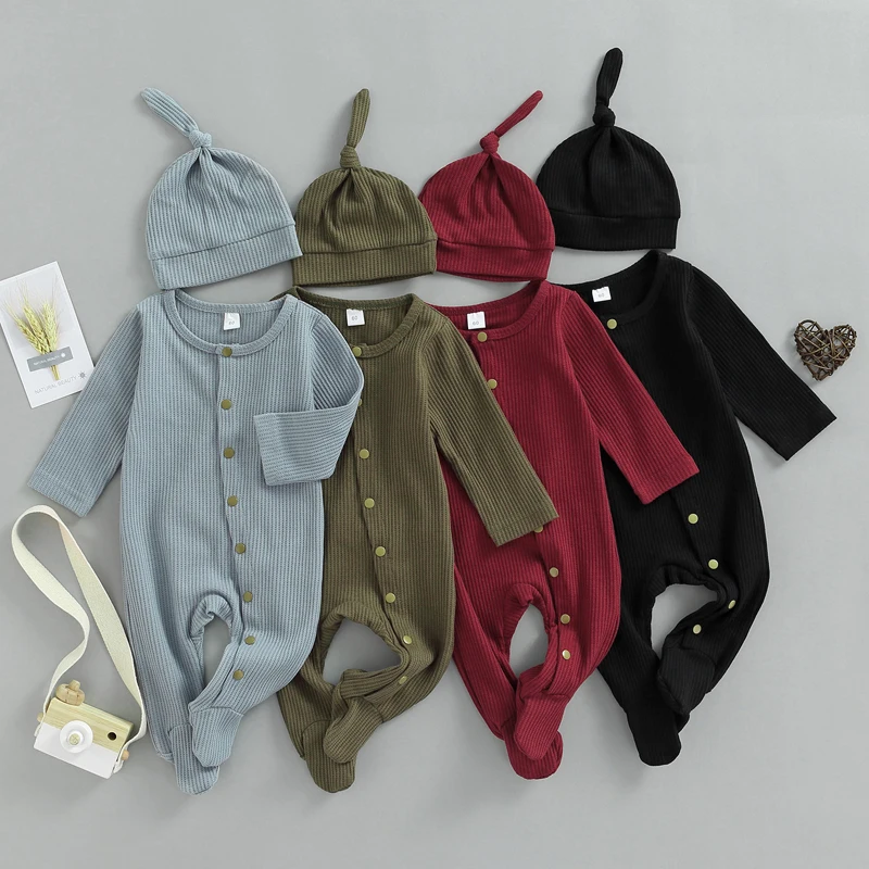 Newborn Baby Footies Romper with Hat Boys Girls Clothing Sets Long Sleeve Button-Down Ribbed Feet Wrap Jumpsuits Infant Outfits