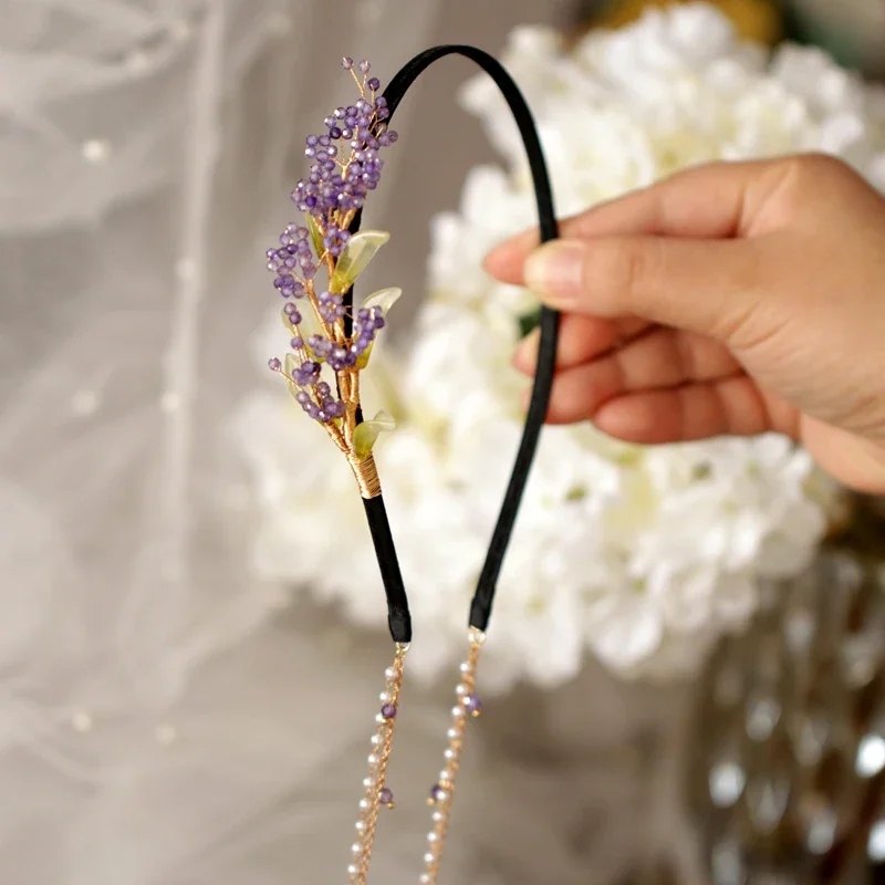 FXLRY Handmade Freshwater Pearl Lavender Tassel Flower Fashion Headband, Vintage Press Hairpin Headdress Female Fashion Hair