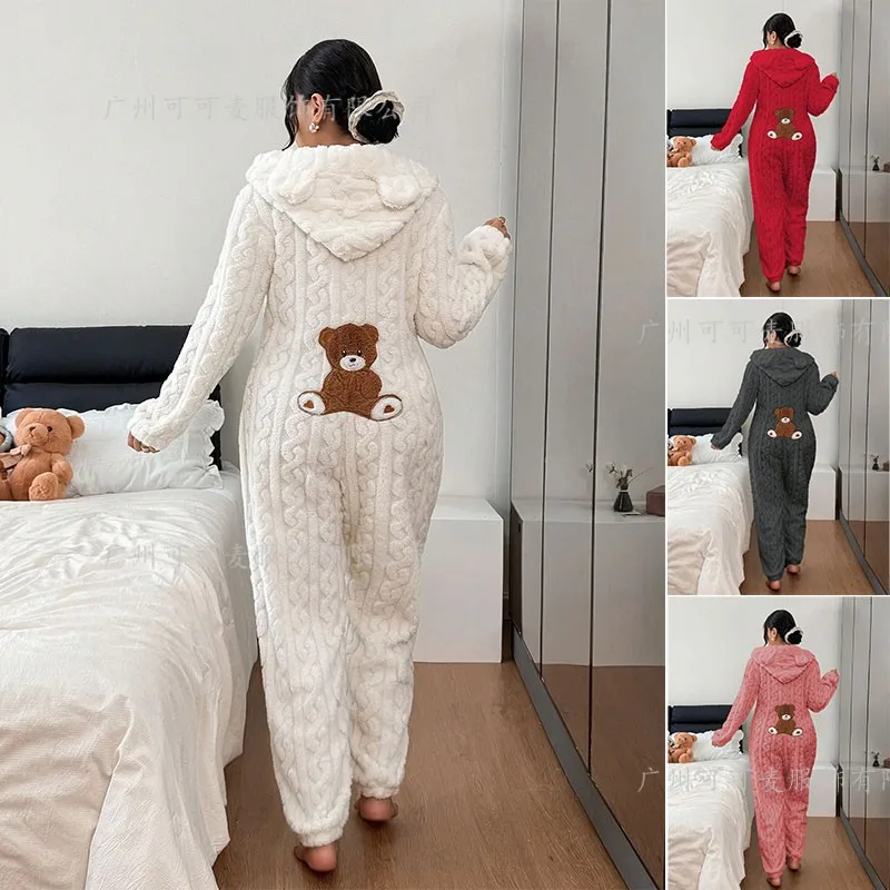 Women Winter New Hooded One‑Piece Pajamas, Casual Comfy Long Sleeve Jumpsuit Loungewear Home Sleepwear