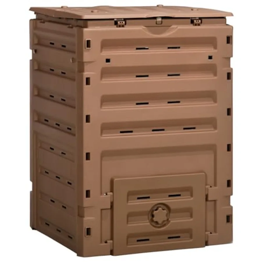 Outdoor compost bin for gardens, BPA-free plastic, brown, 120-gallon capacity with 80 vents and dual sliding doors