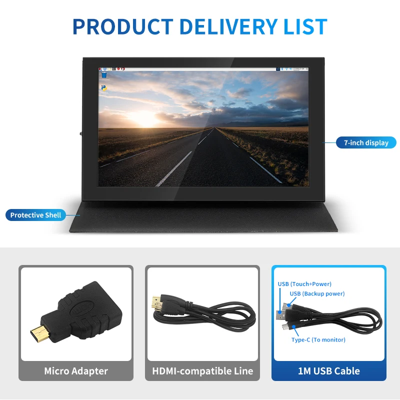 7인치 IPS LCD 미니 HDMI 호환 범용 터치스크린 윈도우 PC 디스플레이 게임 콘솔(라즈베리 파이용 홀더 포함)