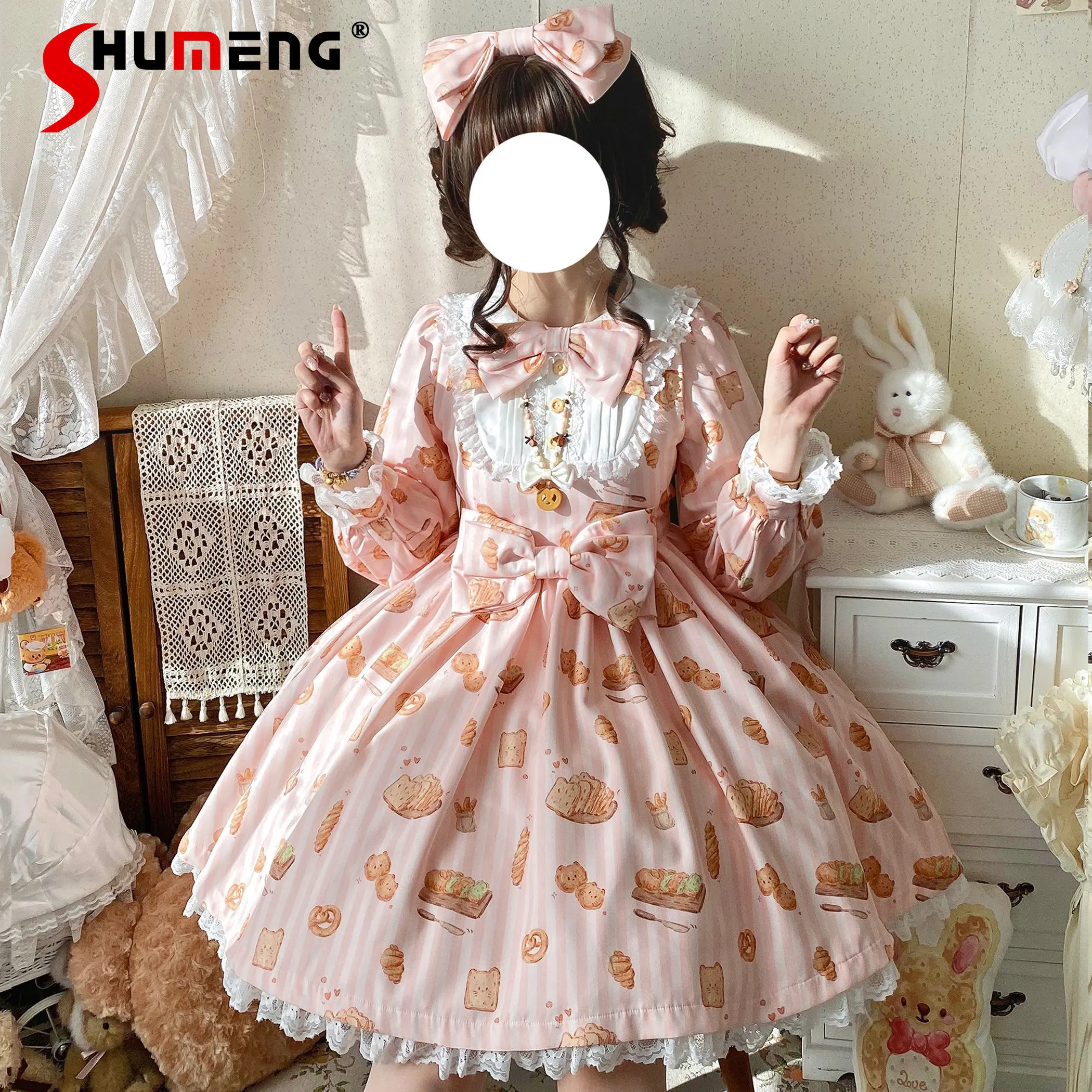 

Original Kawaii Girl's Lolita Dress Spring Summer New Long Sleeve Dress Women's Cute Bow Print Daily Casual Dress Y2k Vestidos