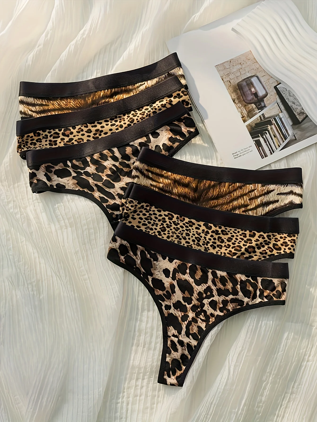 Tanga de mujer con estampado de leopardo de 6 piezas, estampado de cebra, estampado de tigre, ropa interior de mujer con forro interior de algodón simple y deportivo