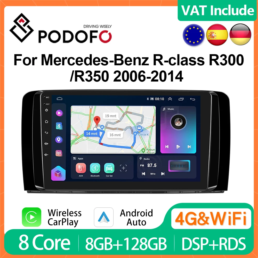 Podofo 4G CarPlay Android Car Radio For Mercedes-Benz R-class R300 R350 2006-2014 Multimedia Player GPS Stereo 2din Head Unit