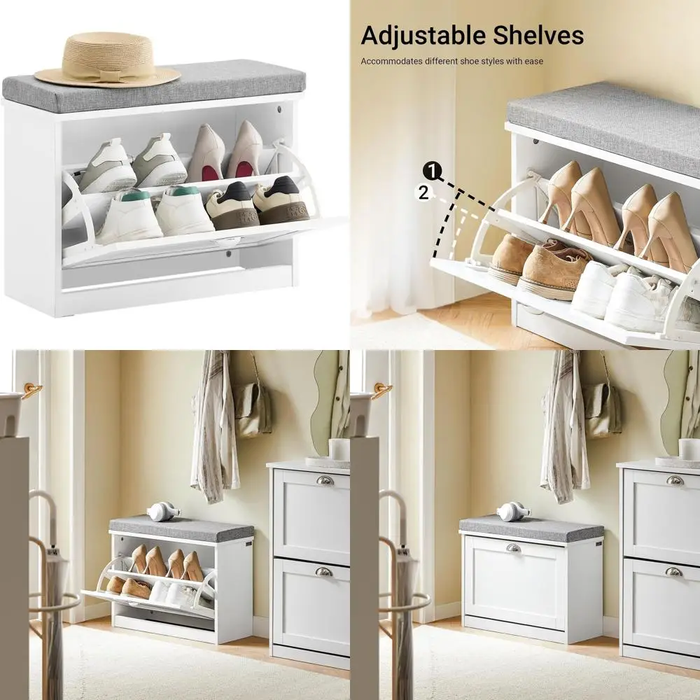 

Compact Shoe Storage Bench with Cushion, White, 2-Tier Shoe Rack for Entryway
