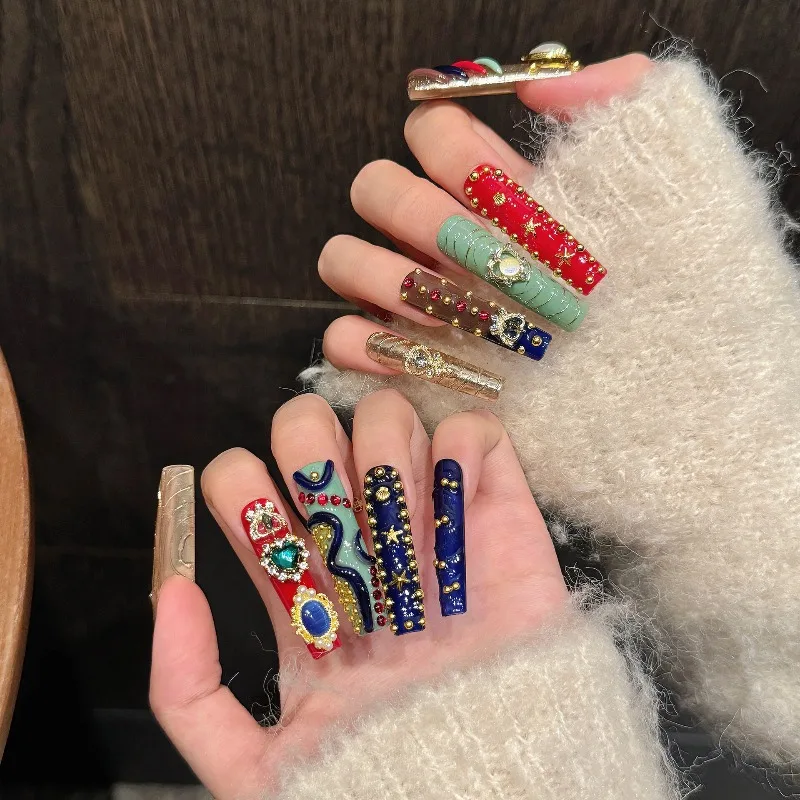 Hand Painted Extra Long Stiletto Press On Nails, Customizable Glam 3D Gemstone False Nail Tips For Evening Formal Occasions