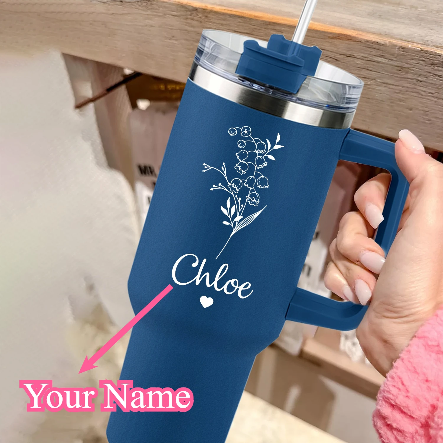 

Personalized Insulated Tumbler, 40Oz Large Size Featuring a Lid And Straw, Adorned with a 12-Month Floral Design, Made of Stainless Steel with a Handle, Ideal As a Custom Gift for Car And Office Use