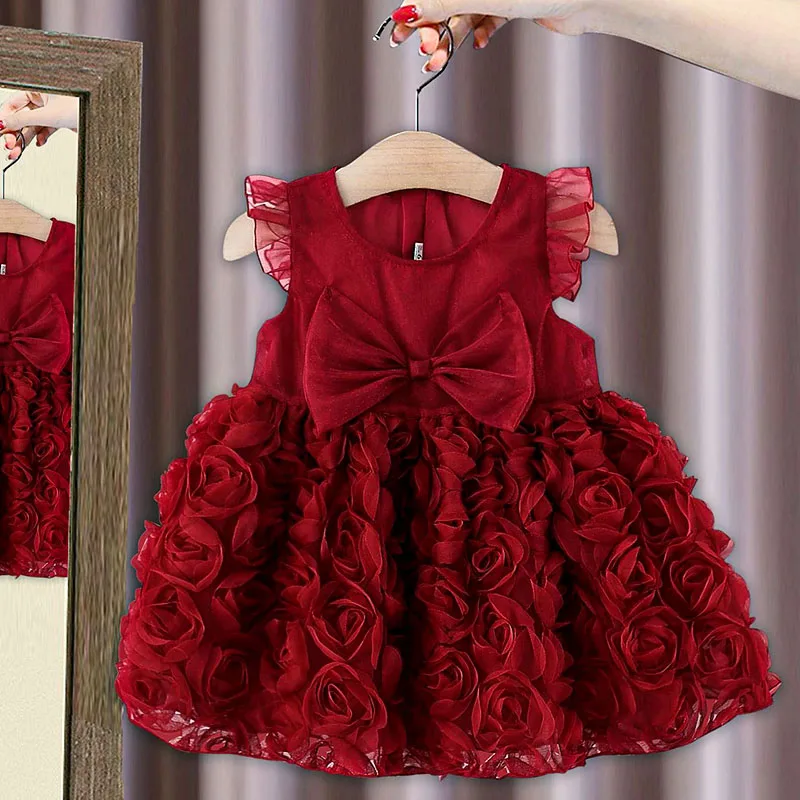 

Kids Girls Clothes Baby Girl's First Birthday Dress One-Year-Old Clothes, Princess Dress Lace Mesh Bow Infant Dress Rose Flowe