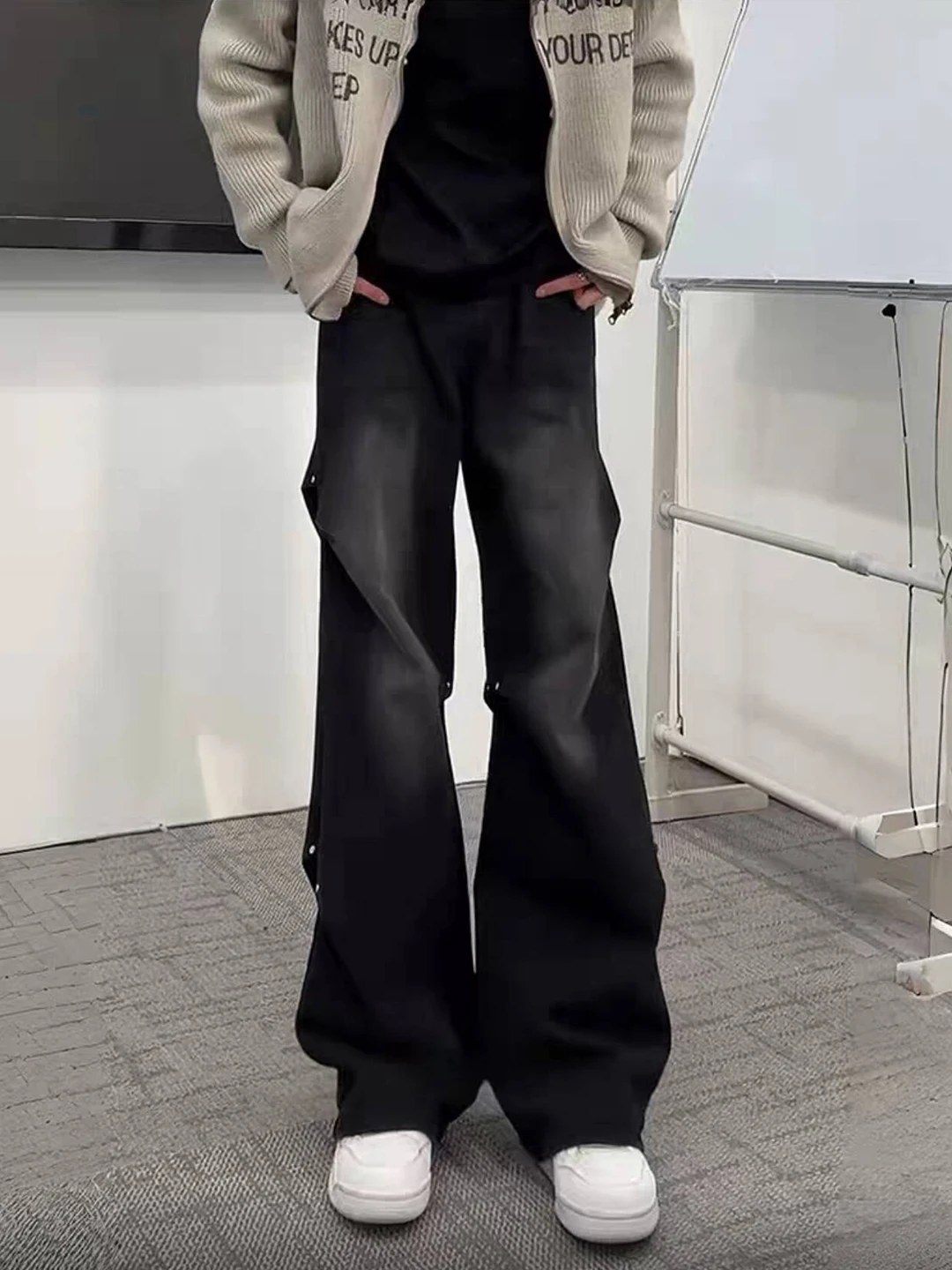 

Мужские свободные джинсы Bla ey прямого кроя, весенняя коллекция, с высокой талией, отворотами и заклепками, в американском уличном стиле