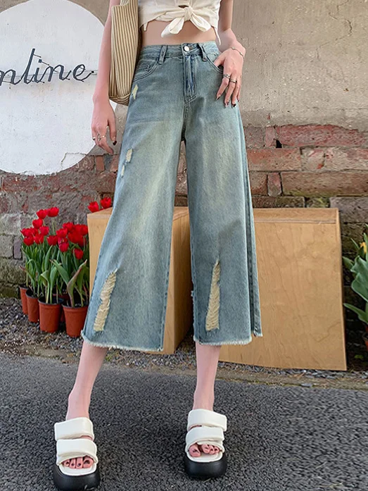 Gescheurde Hoge Taille Retro Jeans Dames Koreaanse Stijl Cropped Rechte Broek Trend Kleding Esthetische Brede Vrouw Baggy Kleding Y 2K