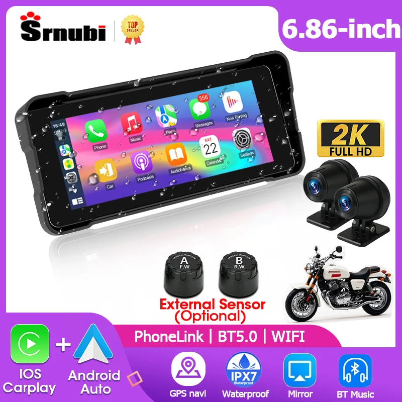 

Srnubi 6,86 "2K мотоциклетный видеорегистратор видеорегистратор с сенсорным экраном GPS мотоциклетный навигатор беспроводной Carplay Android авто шлем Bluetooth