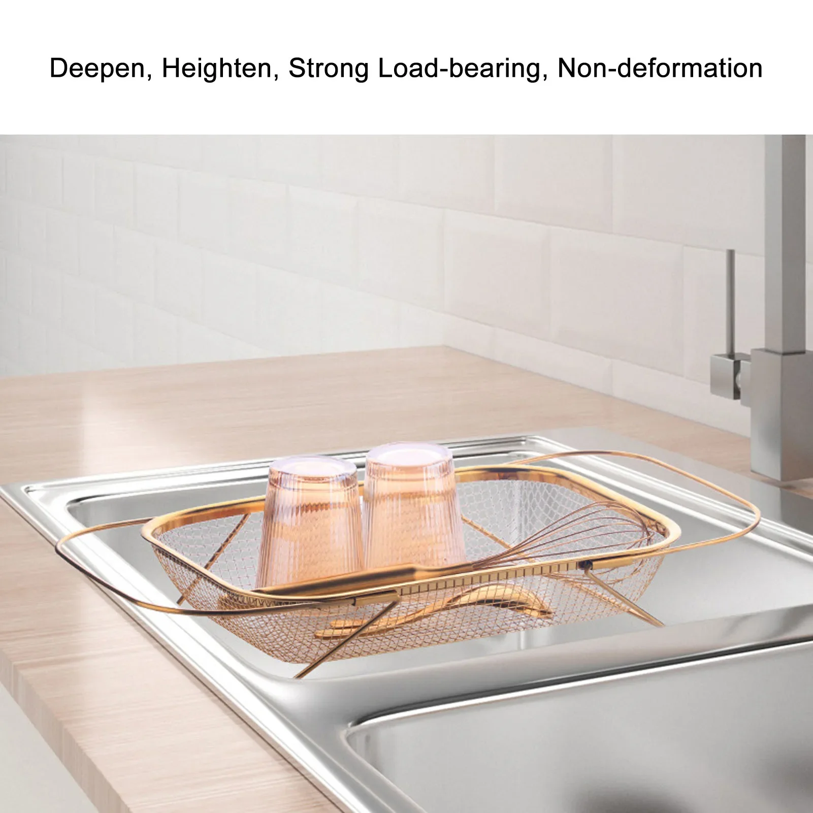 Kitchen Drainage Basket, Stainless Steel Expandable Rectangular Mesh Drainer, Sink Strainer Basket Over The Sink Colander