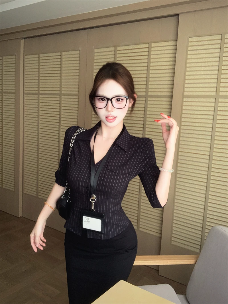 Black Stripe Shirt And High Waist  Skirt Two Piece Set Women's Summer Fashion Casual Commute Style Slim Fit Button up Top