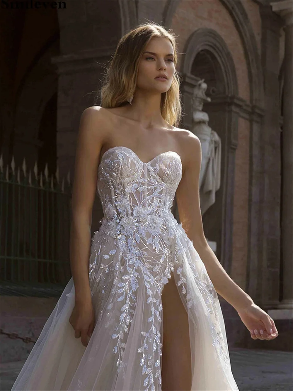 Charming Light Bohemian Sweetheart Wedding Dresses High Front Slit Appliques Lace Bridal Gowns Boho Backless Vestidos De Novia