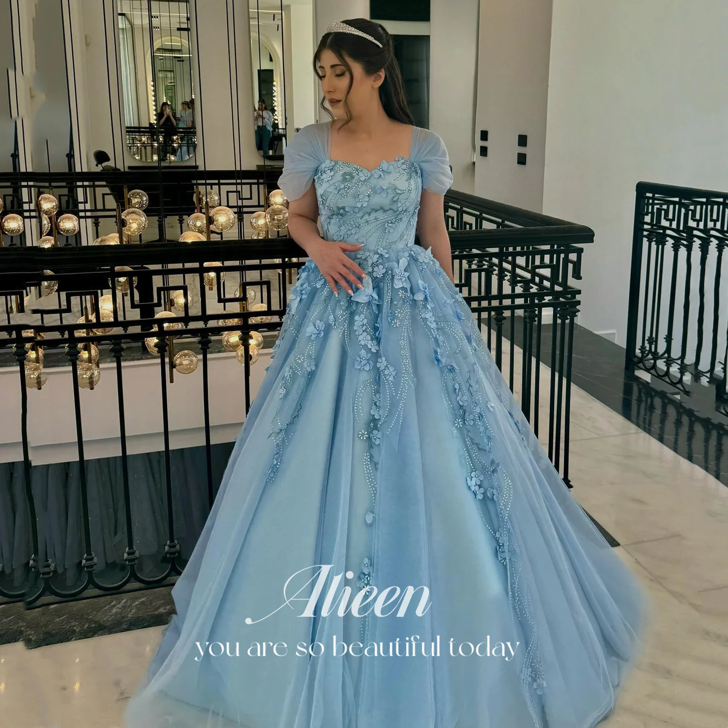 

Aileen 3D Flowers Luxurious Evening Dresses 2025 Luxury Customized Wedding Dress Vestidos De Festa Blue فساتين سهرة A-line Women