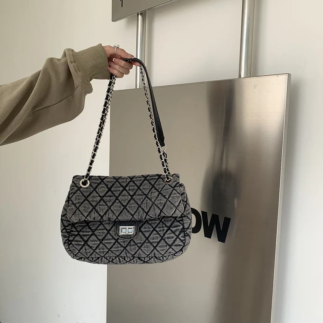 

Повседневная сумка на цепочке в форме ромба, стираный джинс, дымчато-серая сумка через плечо в клетку с вышивкой, сумка на одно плечо