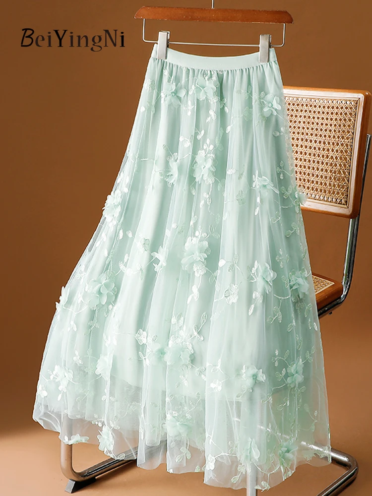 

Beiyingni Green Mesh Flowers Embroidery Fairy A-line Tulle Skirts Women Elegant Casual Korean Midi Skirt Female Chic French Jupe