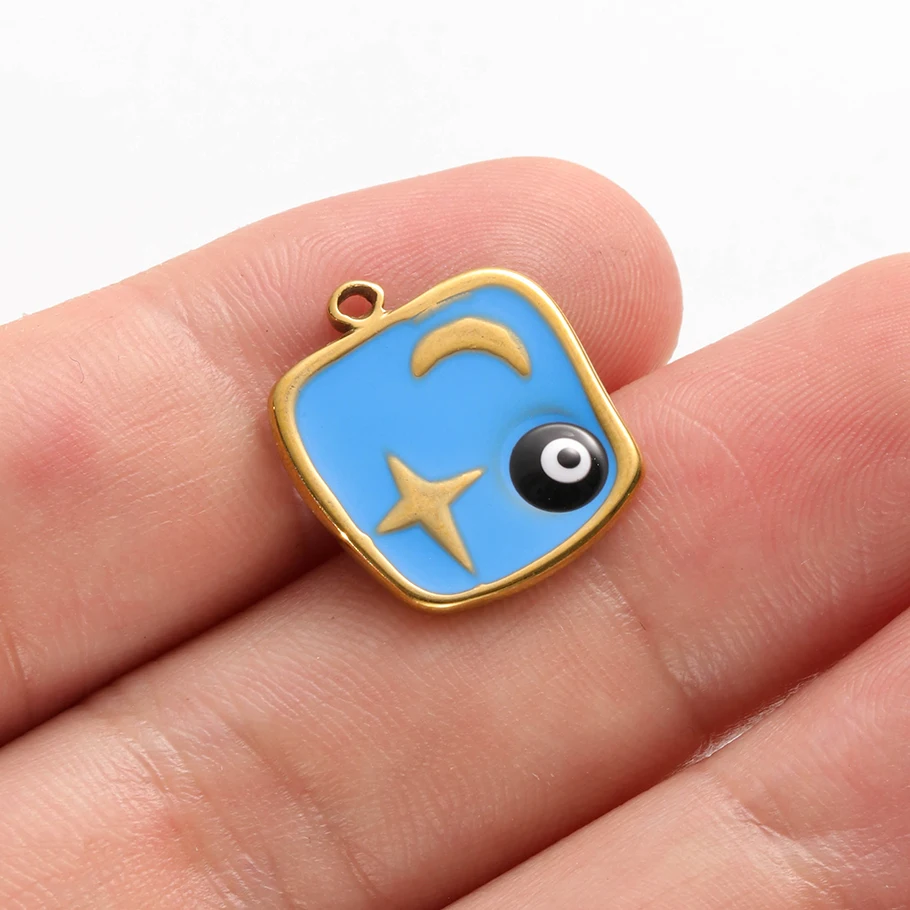 6 Stück echt vergoldete blau/dunkelblaue Strass-Böser-Blick-Anhänger aus Edelstahl, türkische Augen-Charms für Schmuckherstellung. – Detail 8
