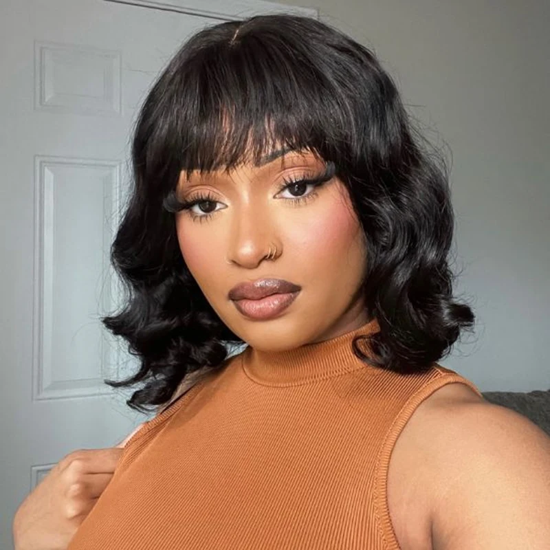 250 Density Body Wave Bob Wig With Bangs Brazilian Virgin Human Hair 3X1 Middle Part Lace Wig Short Bob Wigs 8-16 Inch For Women